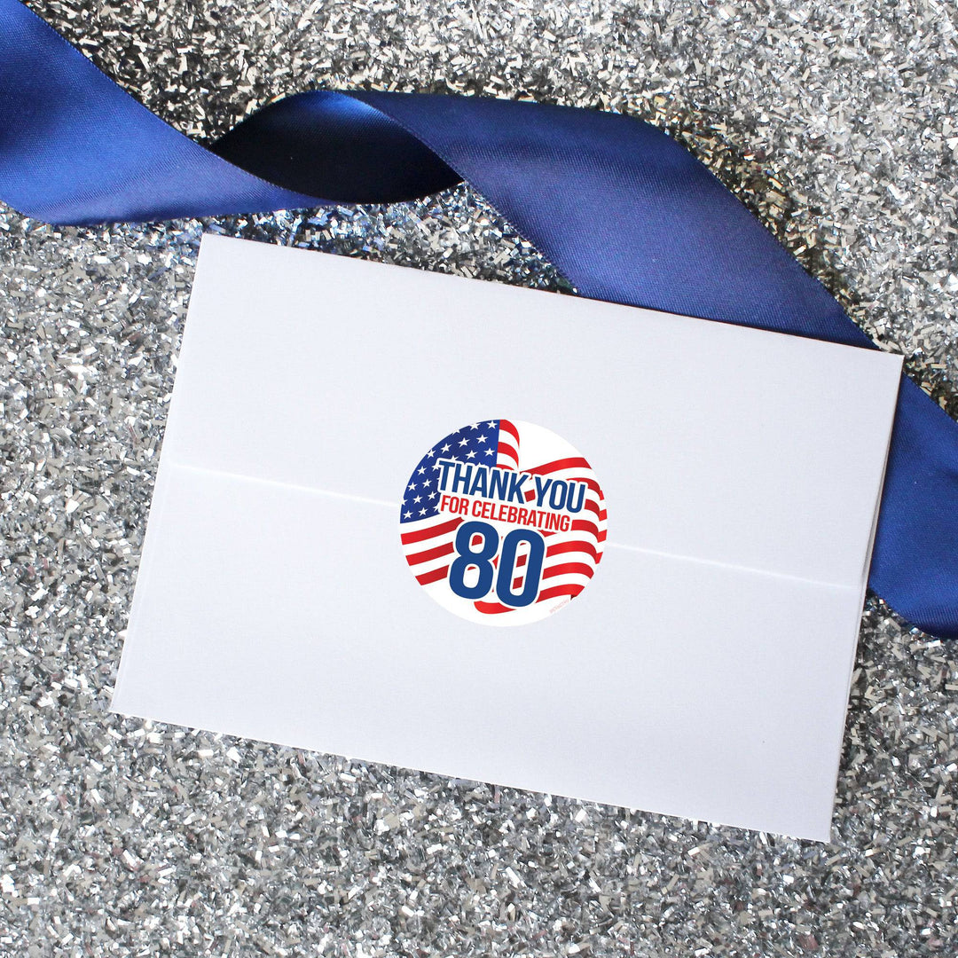 80th Birthday: Red White & Blue - Circle Label Thank You Stickers - 40 Stickers