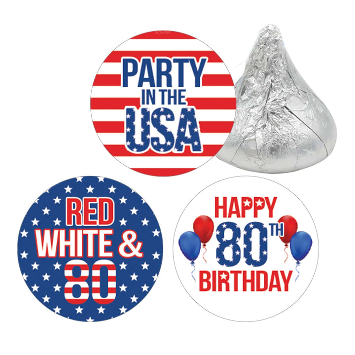 80th Birthday: Red White & Blue - Favor Stickers Fits on Hershey's Kisses - 180 Stickers