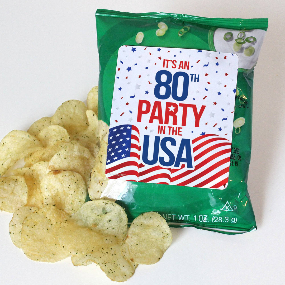 80th Birthday: Red White & Blue - Popcorn, Chip Bag, and Snack Bag Stickers - 32 Stickers