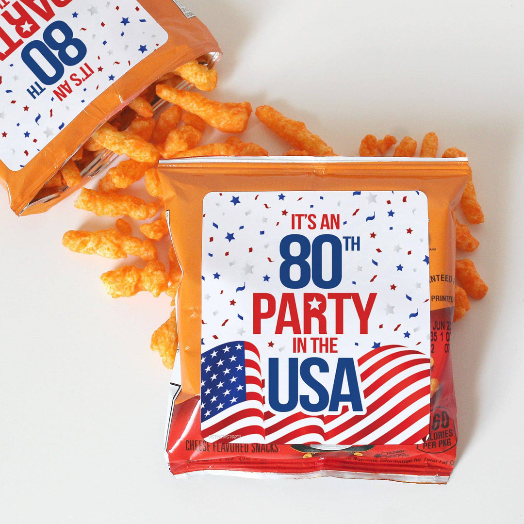 80th Birthday: Red White & Blue - Popcorn, Chip Bag, and Snack Bag Stickers - 32 Stickers