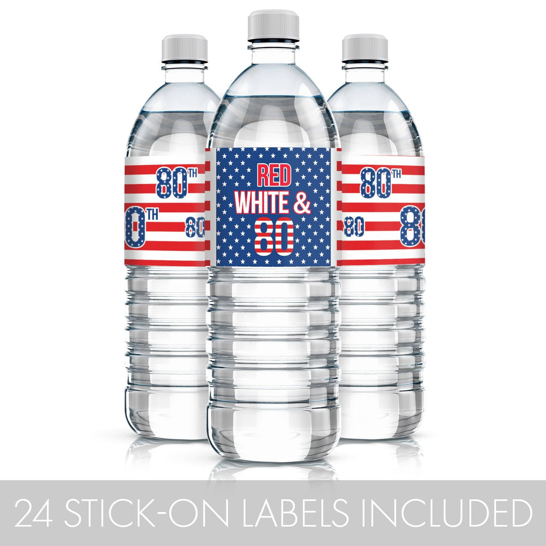 80th Birthday: Red White & Blue - Water Bottle Labels - 24 Waterproof Stickers