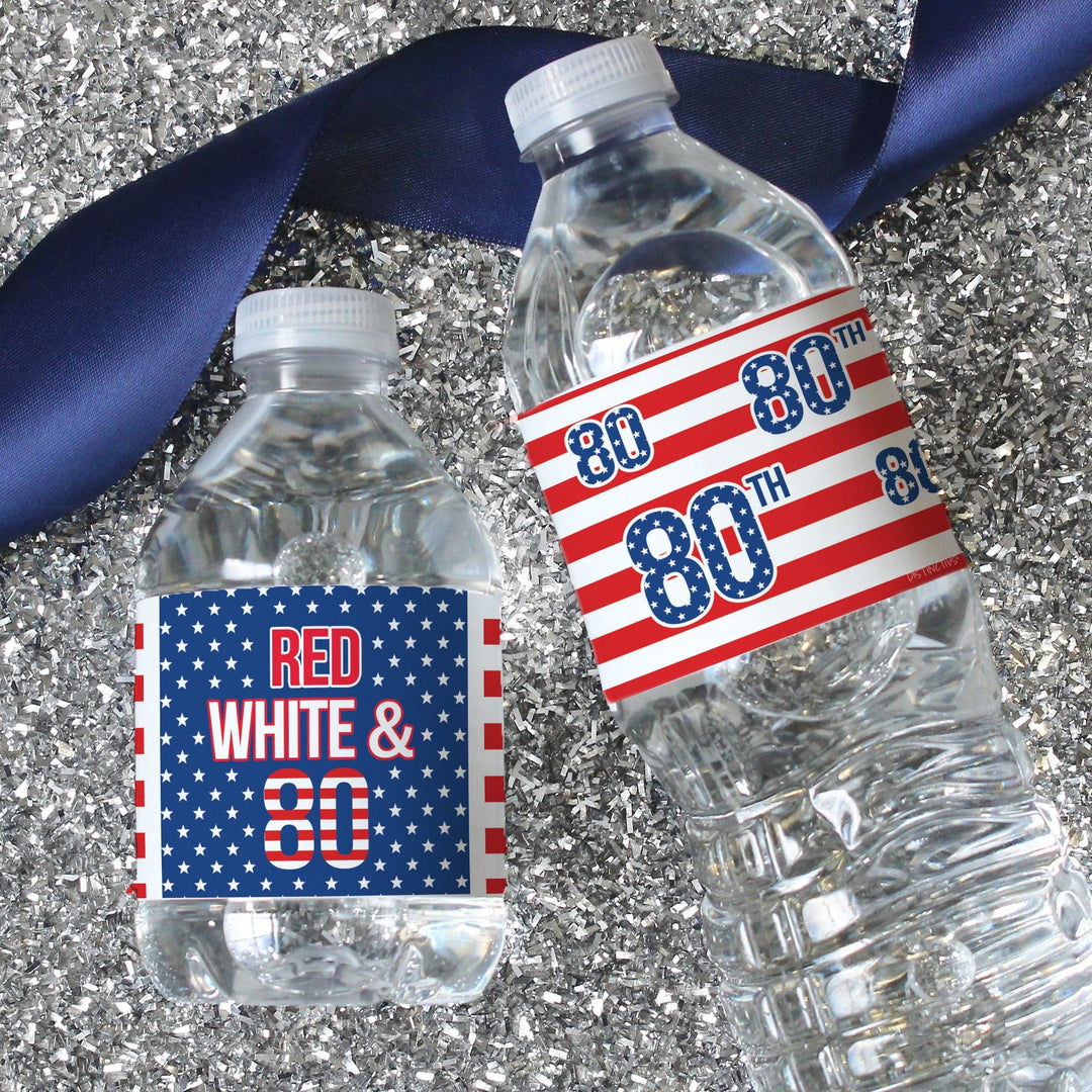 80th Birthday: Red White & Blue - Water Bottle Labels - 24 Waterproof Stickers