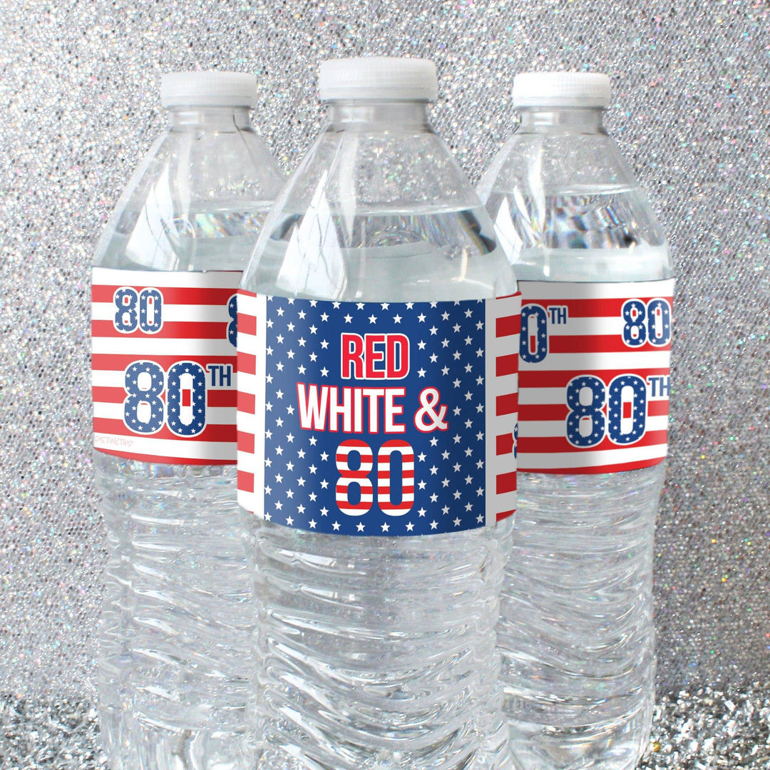 80th Birthday: Red White & Blue - Water Bottle Labels - 24 Waterproof Stickers