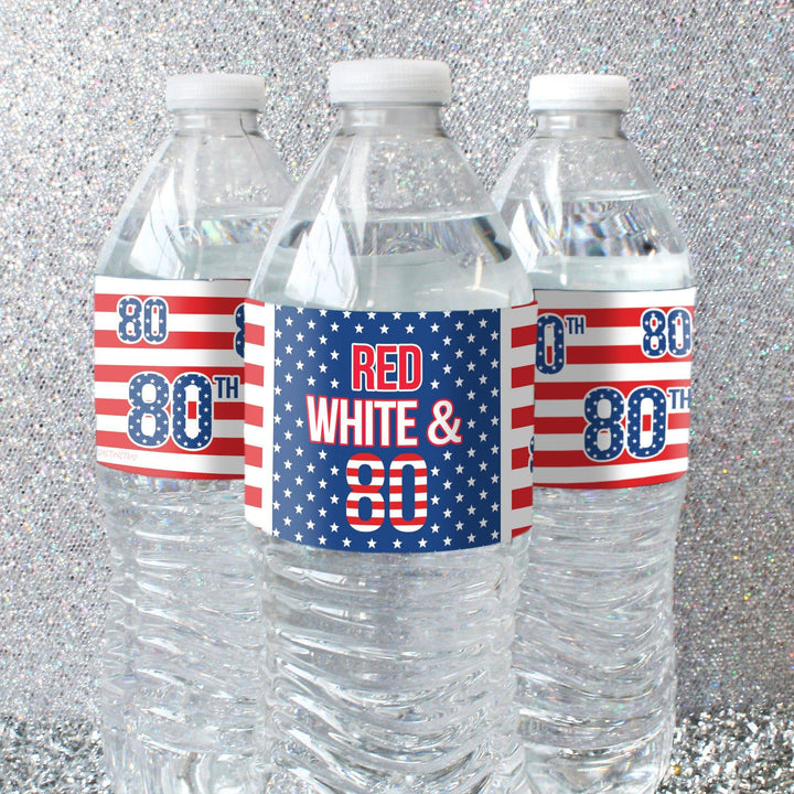 80th Birthday: Red White & Blue - Water Bottle Labels - 24 Waterproof Stickers