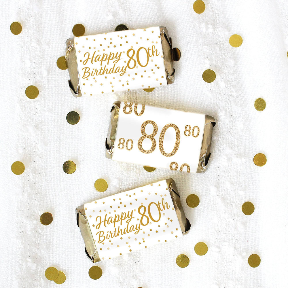 80th Birthday: White and Gold - Adult Birthday - Hershey's Miniatures Candy Bar Wrappers Stickers - 45 Stickers - Distinctivs Party