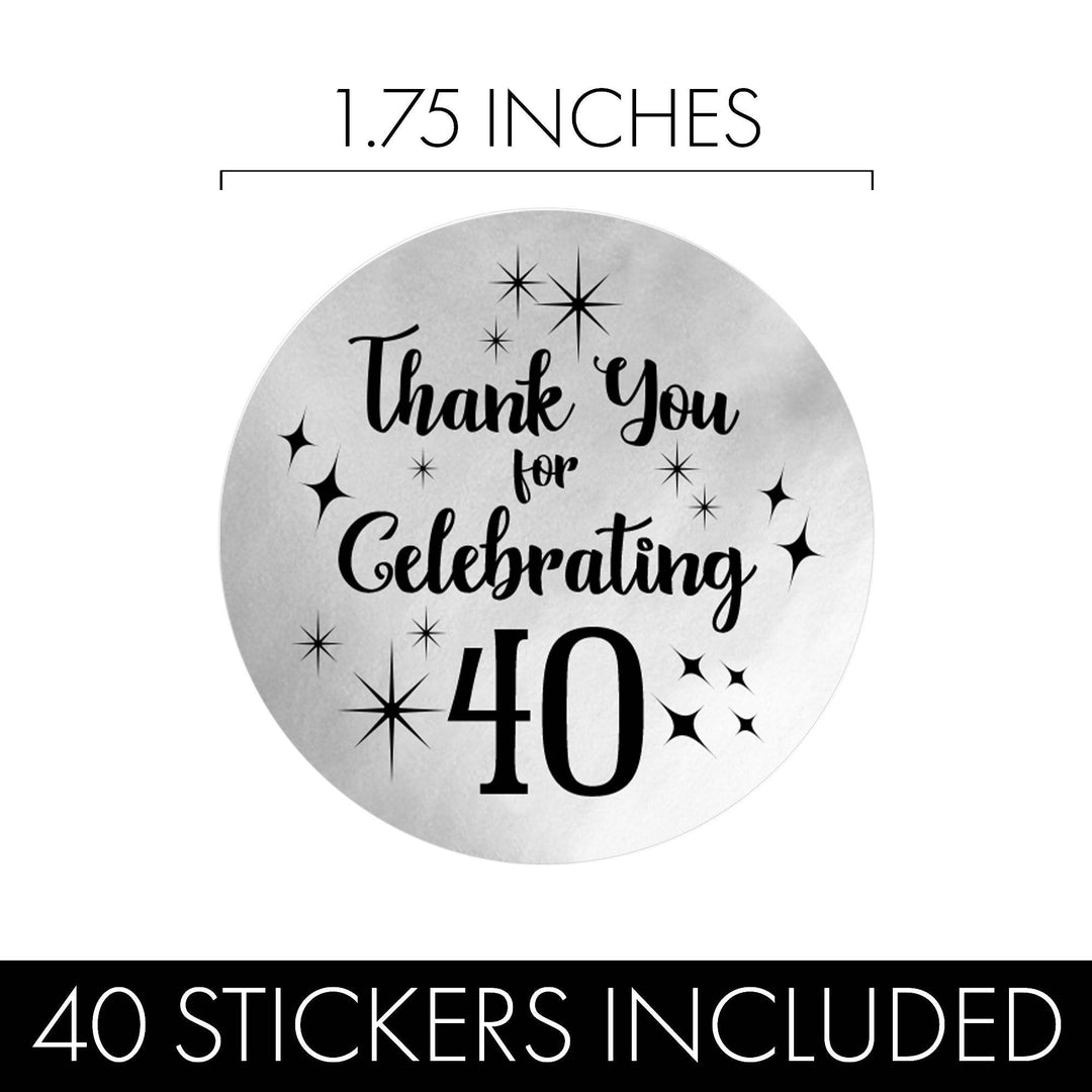 40th Birthday: Black and Silver - Adult Birthday -  Thank You Round Favor Stickers - 40 Stickers - Distinctivs Party