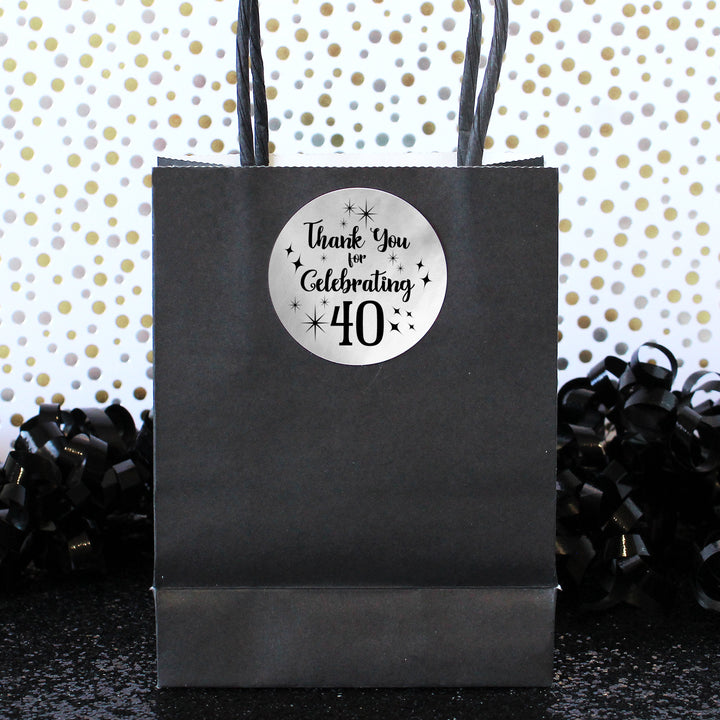 40 cumpleaños: negro y plateado - Cumpleaños de adultos - Pegatinas redondas de agradecimiento - 40 pegatinas