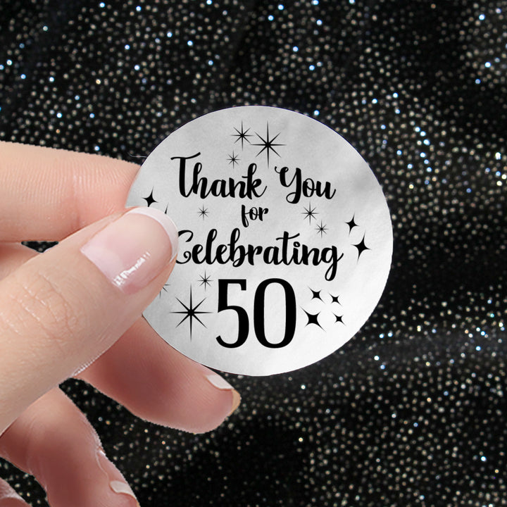50th Birthday: Black and Silver Foil - Adult Birthday -  Thank You Round Favor Stickers - 40 Stickers
