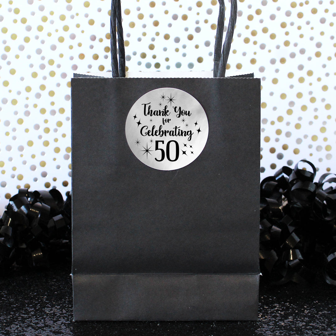 50th Birthday: Black and Silver Foil - Adult Birthday -  Thank You Round Favor Stickers - 40 Stickers