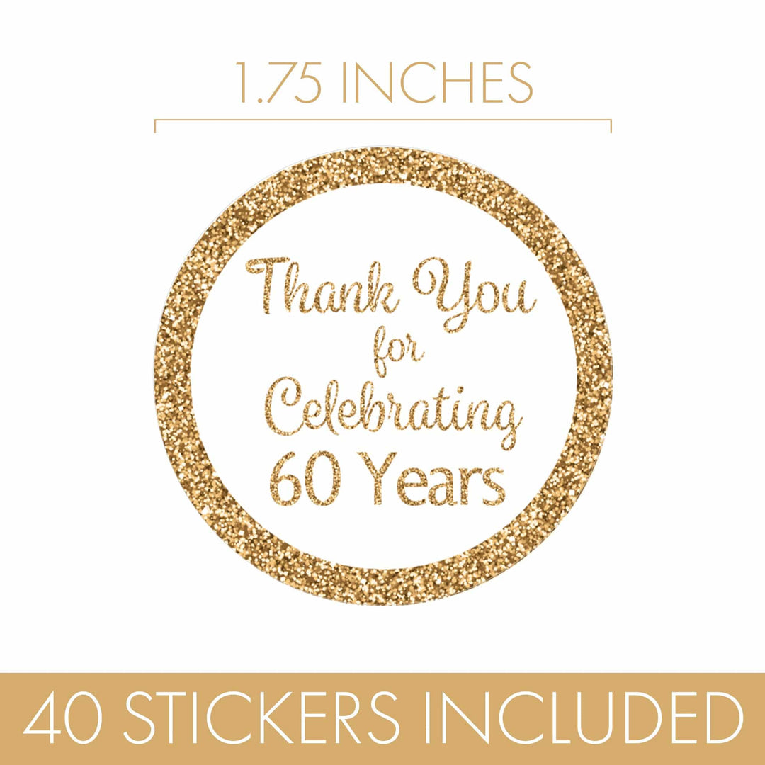 60th Birthday: White and Gold - Adult Birthday -  Thank You - Round Favor Stickers - 40 Stickers - Distinctivs Party