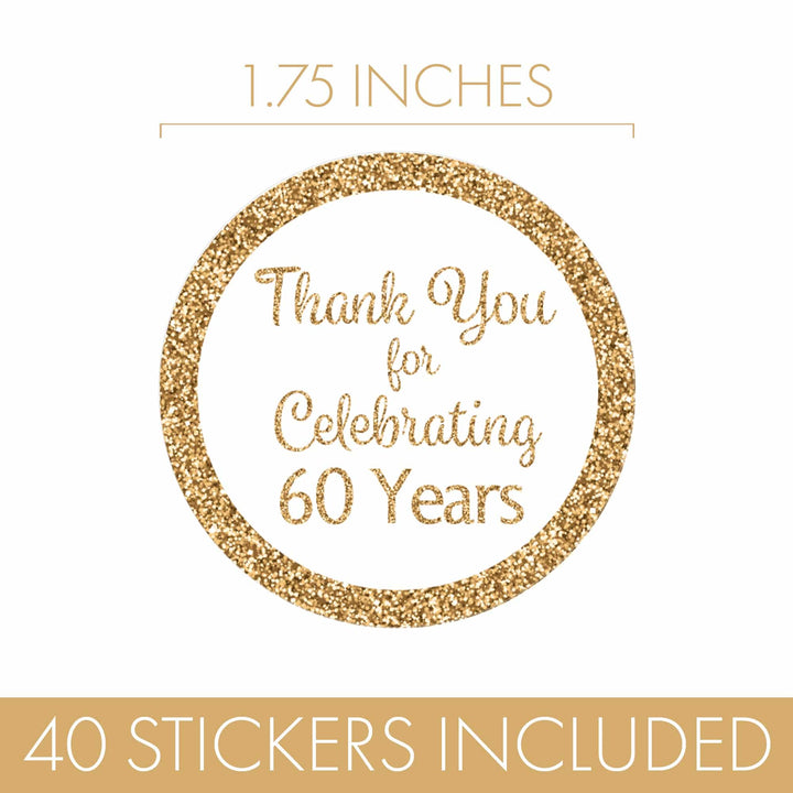 60th Birthday: White and Gold - Adult Birthday -  Thank You - Round Favor Stickers - 40 Stickers - Distinctivs Party