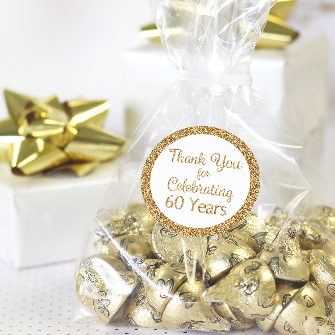 60th Birthday: White and Gold - Adult Birthday -  Thank You - Round Favor Stickers - 40 Stickers