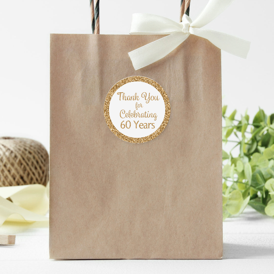 60th Birthday: White and Gold - Adult Birthday -  Thank You - Round Favor Stickers - 40 Stickers