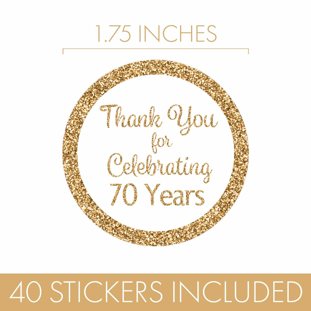 70th Birthday: White and Gold Party - Adult Birthday - Thank You -  Round Favor Stickers - 40 Stickers - Distinctivs Party