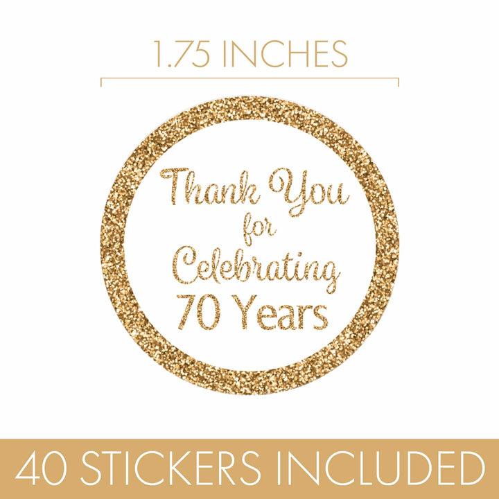 70th Birthday: White and Gold Party - Adult Birthday - Thank You -  Round Favor Stickers - 40 Stickers - Distinctivs Party