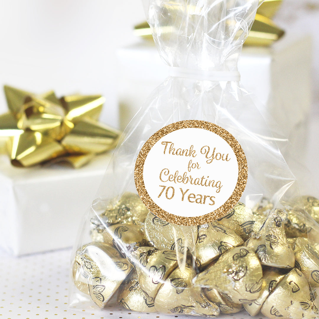 70th Birthday: White and Gold Party - Adult Birthday - Thank You -  Round Favor Stickers - 40 Stickers
