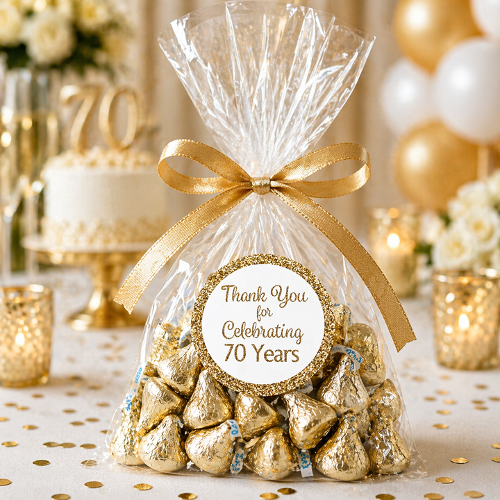 70.º Cumpleaños: Fiesta Blanca y Dorada - Cumpleaños de Adultos - Gracias - Pegatinas Redondas de Favor - 40 Pegatinas