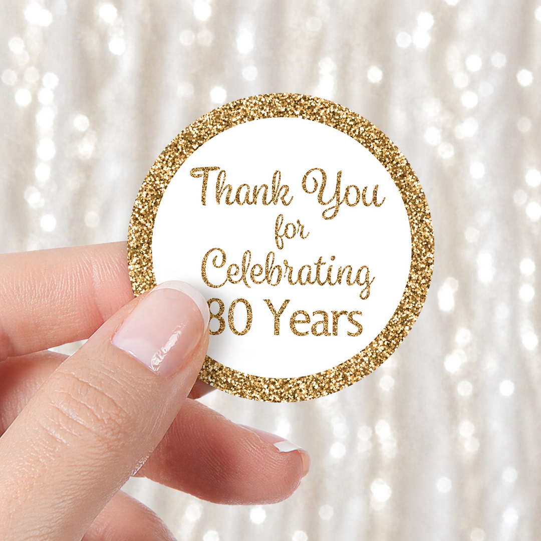 80th Birthday: White and Gold - Adult Birthday -  Thank You - Round Favor Stickers - 40 Stickers
