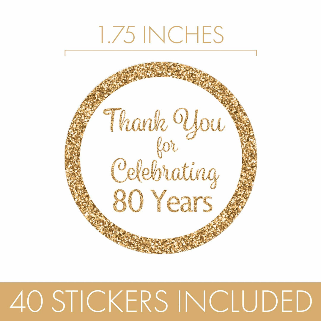 80th Birthday: White and Gold - Adult Birthday -  Thank You - Round Favor Stickers - 40 Stickers - Distinctivs Party