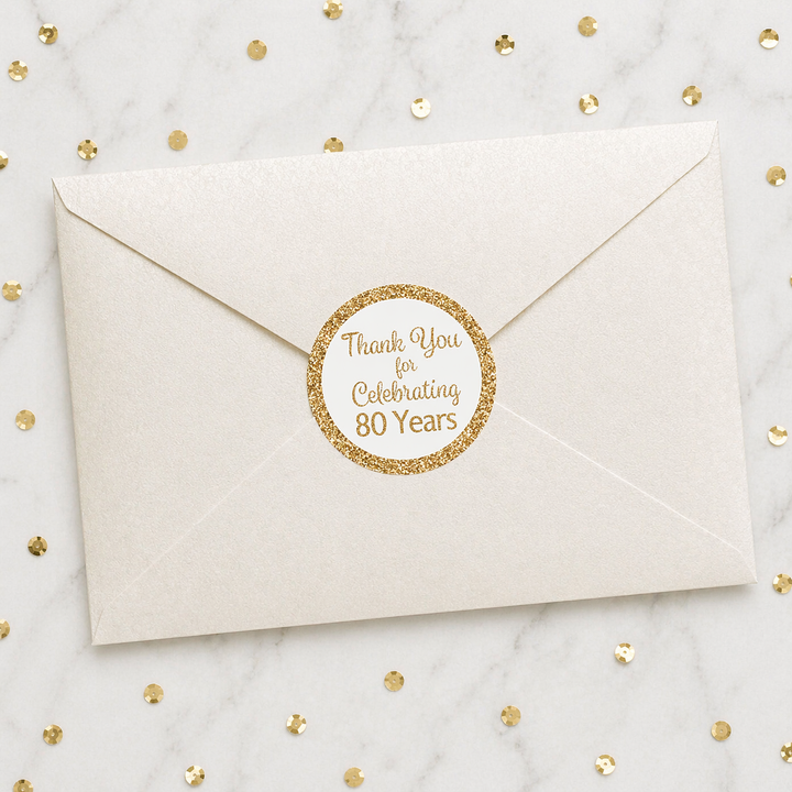 80th Birthday: White and Gold - Adult Birthday -  Thank You - Round Favor Stickers - 40 Stickers