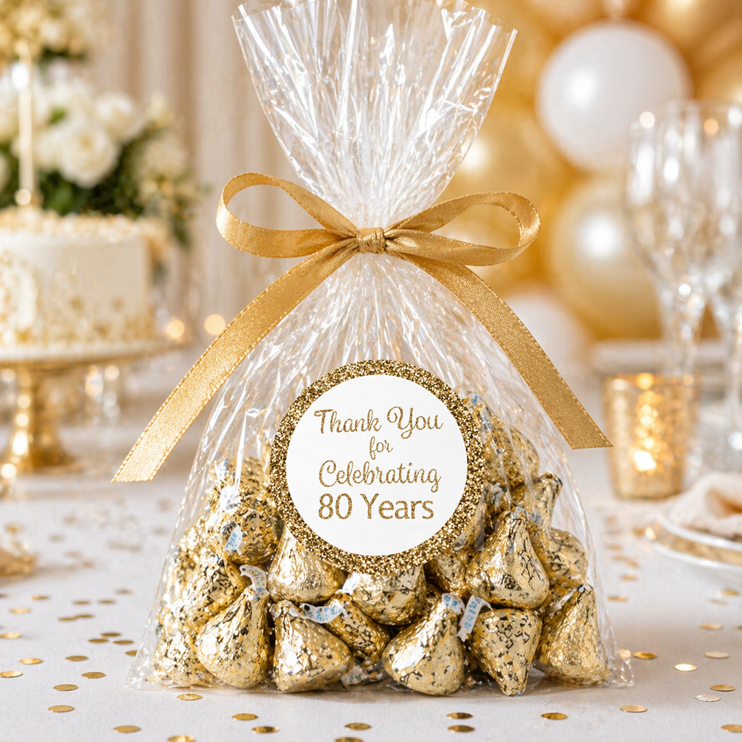 80th Birthday: White and Gold - Adult Birthday -  Thank You - Round Favor Stickers - 40 Stickers