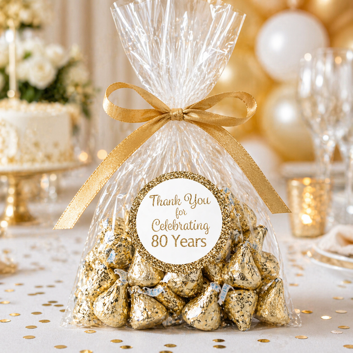 80th Birthday: White and Gold - Adult Birthday -  Thank You - Round Favor Stickers - 40 Stickers