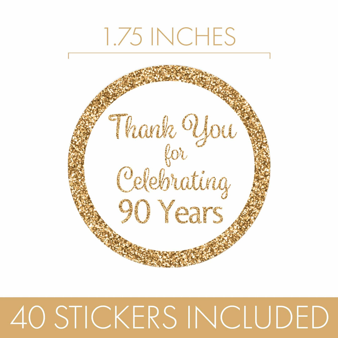 90th Birthday: White and Gold  - Adult Birthday -  Round Favor Stickers - 40 Stickers - Distinctivs Party