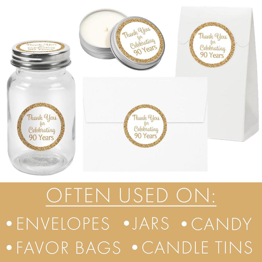 90th Birthday: White and Gold  - Adult Birthday -  Round Favor Stickers - 40 Stickers - Distinctivs Party