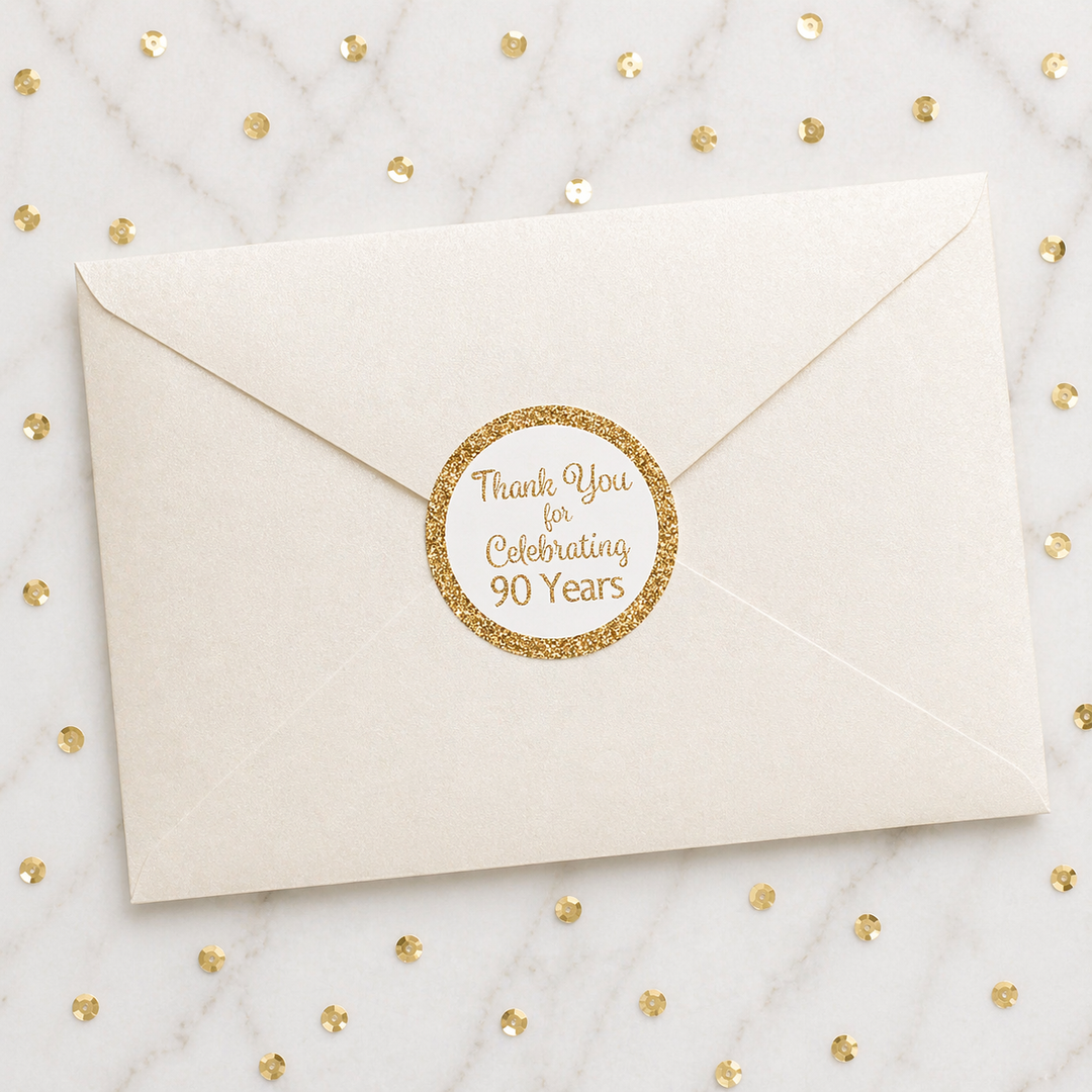 90 cumpleaños: blanco y dorado - Cumpleaños de adulto - Pegatinas redondas para regalos - 40 pegatinas