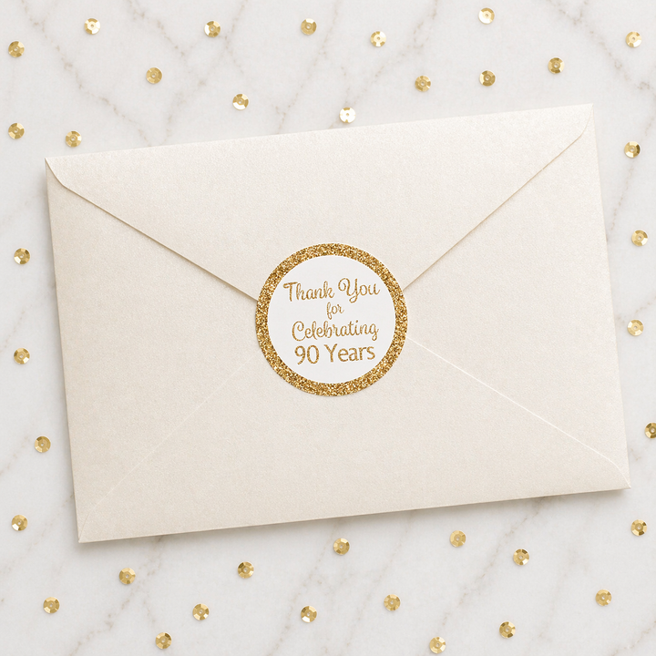 90 cumpleaños: blanco y dorado - Cumpleaños de adulto - Pegatinas redondas para regalos - 40 pegatinas