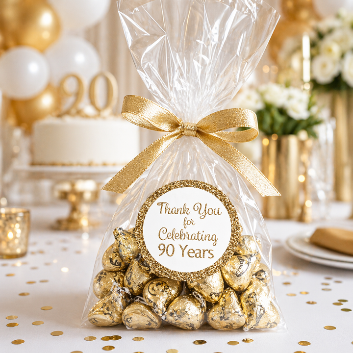 90 cumpleaños: blanco y dorado - Cumpleaños de adulto - Pegatinas redondas para regalos - 40 pegatinas