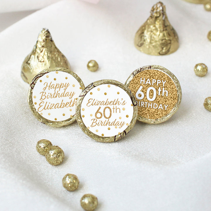 Cumpleaños personalizado: blanco y dorado - Calcomanías para regalos de fiesta - Se adapta a Hershey® Kisses - 180 calcomanías