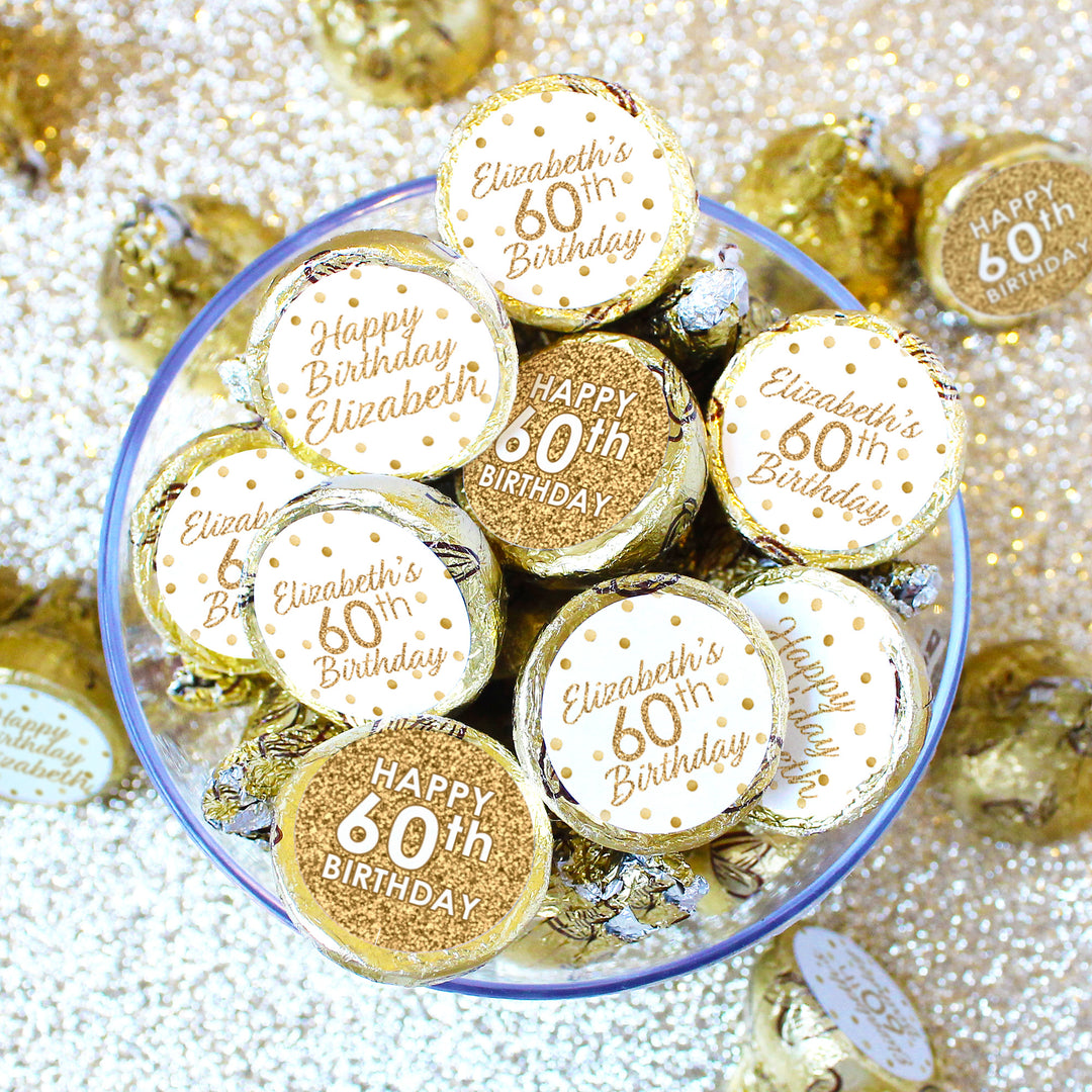 Personalized Birthday: White and Gold - Party Favor Stickers -  Fits on Hershey® Kisses - 180 Stickers