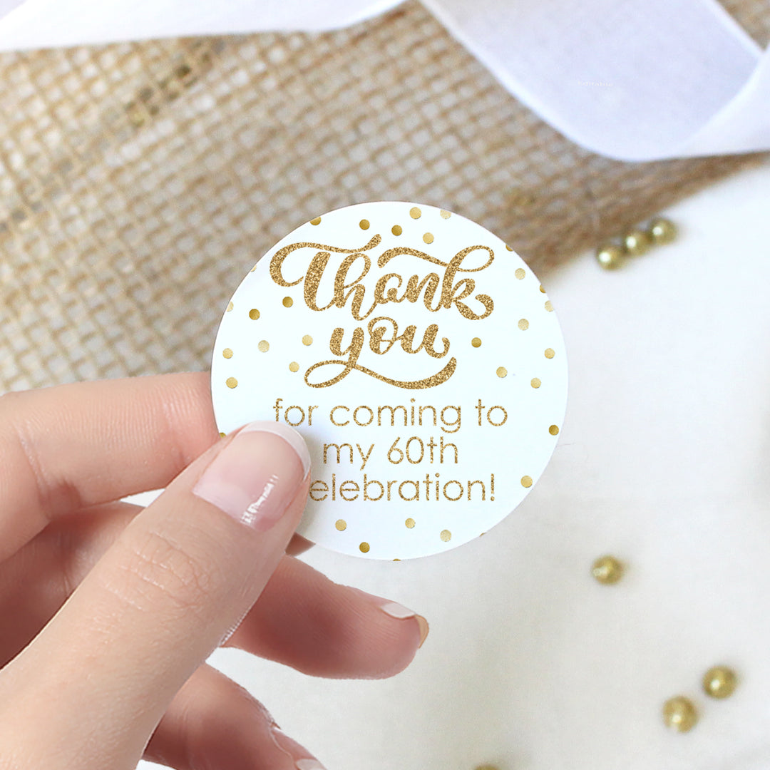 Personalized Birthday: White and Gold - Thank You Favor Labels - 40, 100, or 250 Stickers