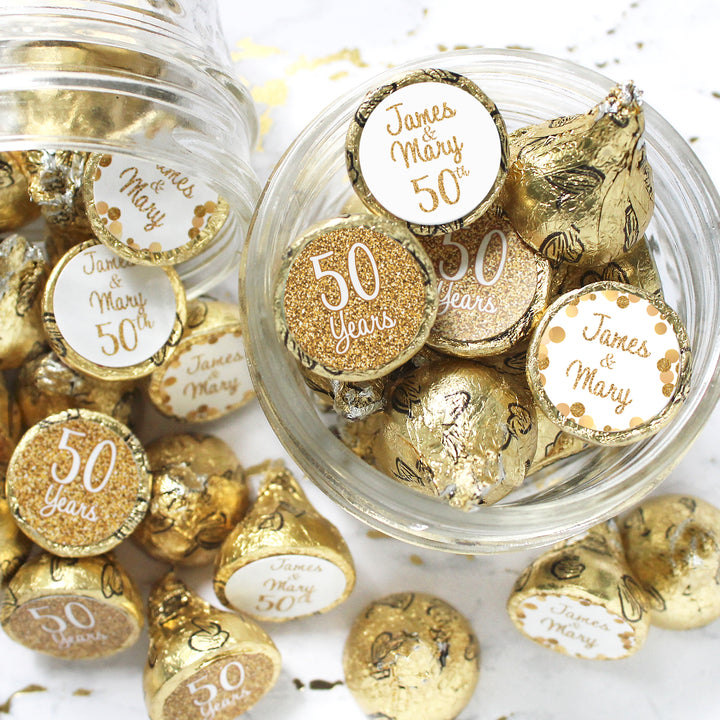 Aniversario de bodas de oro personalizado: pegatinas para regalos de fiesta - Se adapta a Hershey® Kisses - 180 pegatinas