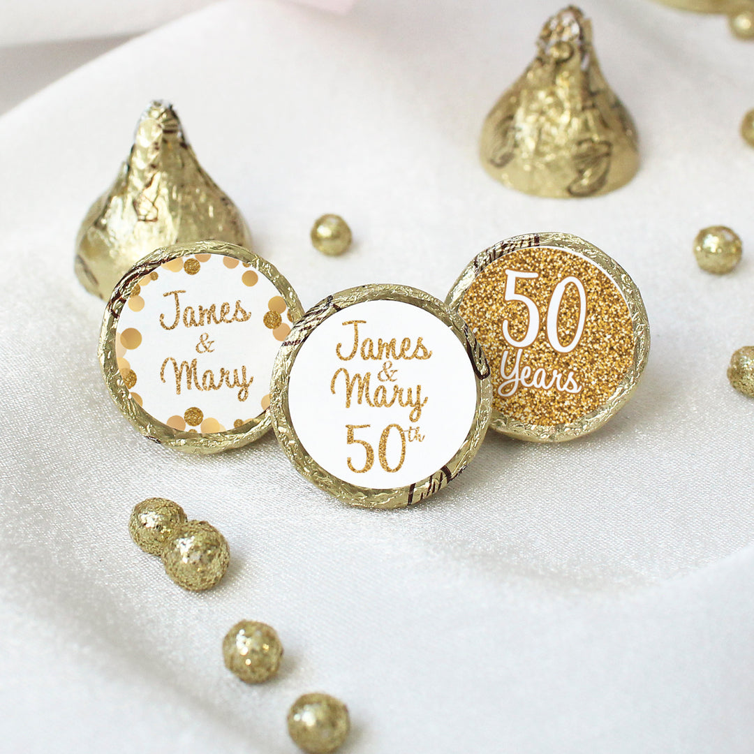 Personalized Gold Wedding Anniversary: Party Favor Stickers -  Fits on Hershey® Kisses - 180 or 450 Stickers