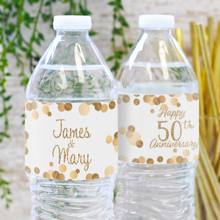 Personalized Gold Wedding Anniversary Water Bottle Labels - 24, 100, or 250  Waterproof Stickers