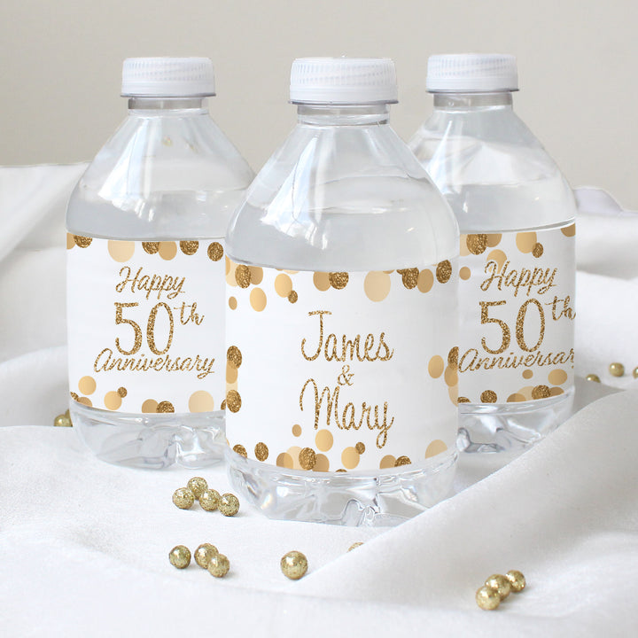 Personalized Gold Wedding Anniversary Water Bottle Labels - 24 Waterproof Stickers