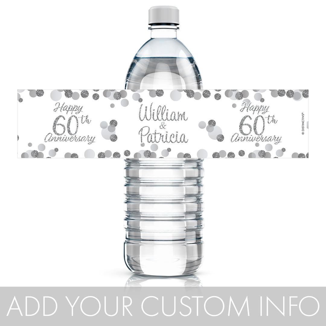 Personalized Silver Wedding Anniversary: Water Bottle Stickers - 24, 100, or 250 Waterproof Stickers