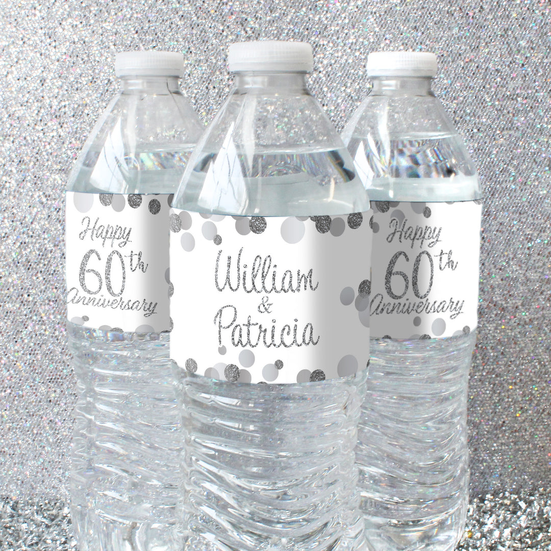 Personalized Silver Wedding Anniversary: Water Bottle Stickers - 24, 100, or 250 Waterproof Stickers