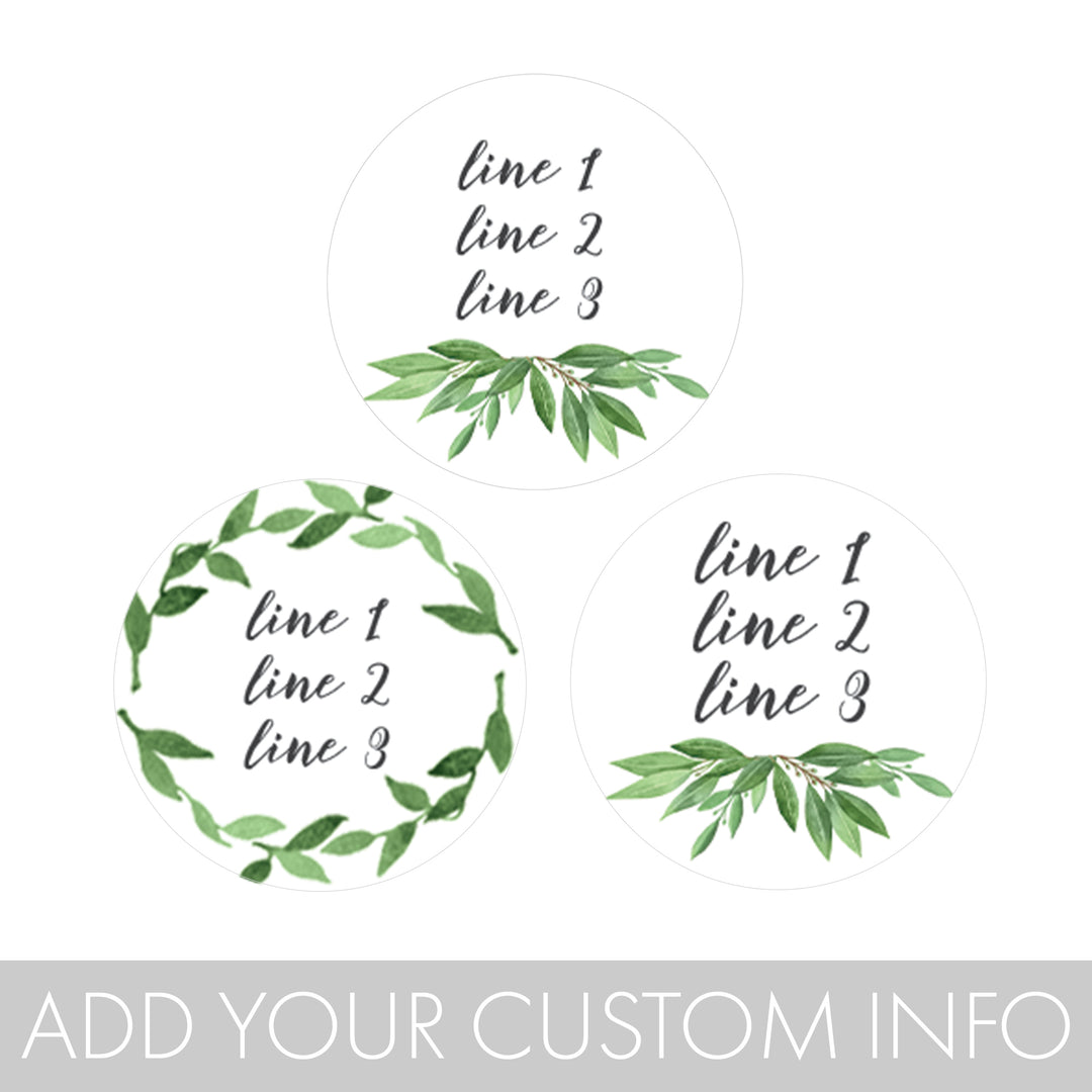 Personalized Greenery: Anniversary, Baby Shower, Birthday, Bridal Shower or Wedding - Favor Stickers - 180 Stickers