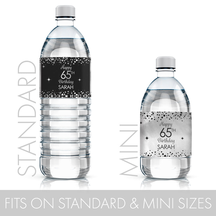 Cumpleaños personalizado: negro y plateado - Etiquetas para botellas de agua - Papel de aluminio - 24 pegatinas