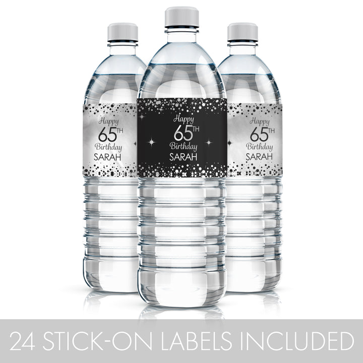 Personalized Birthday: Black and Silver - Water Bottle Labels - Foil - 24 Stickers