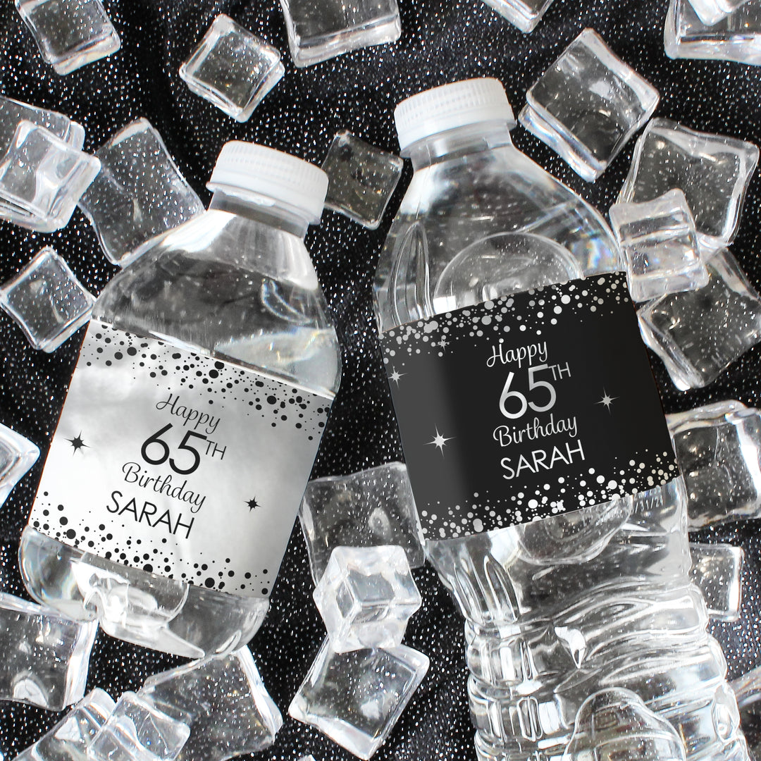 Cumpleaños personalizado: negro y plateado - Etiquetas para botellas de agua - Papel de aluminio - 24 pegatinas