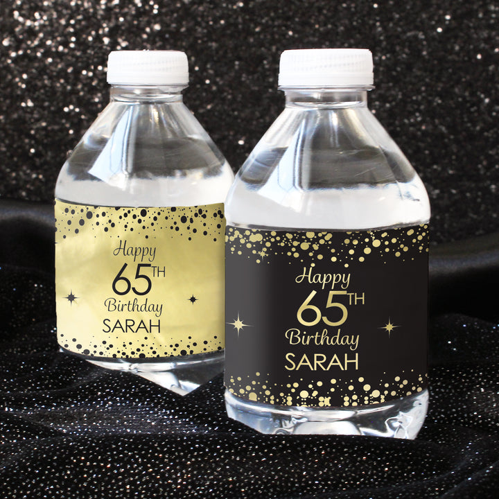 Cumpleaños personalizado: negro y dorado - Etiquetas para botellas de agua - Lámina brillante - 24 pegatinas