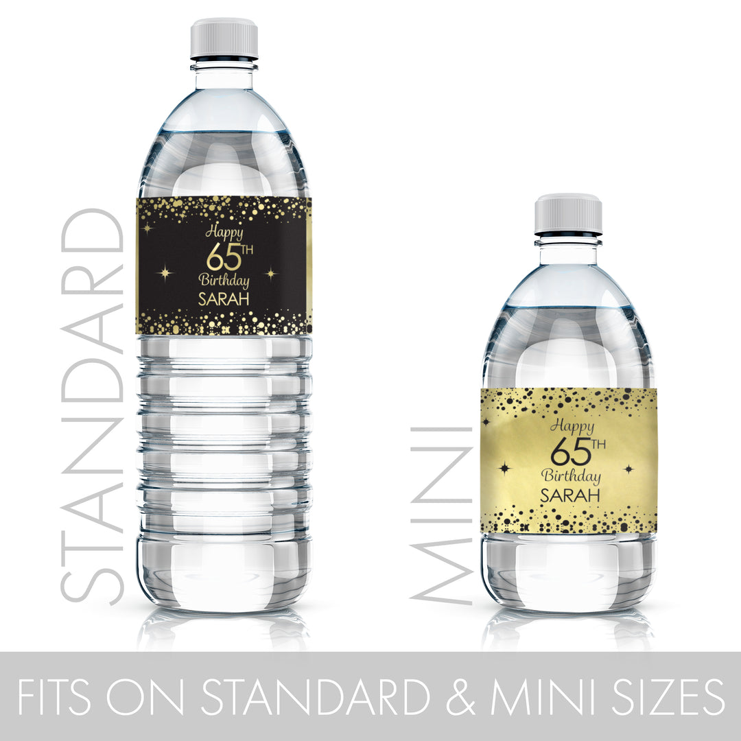 Personalized Birthday: Black and Gold - Water Bottle Labels - Shiny Foil - 24 Stickers
