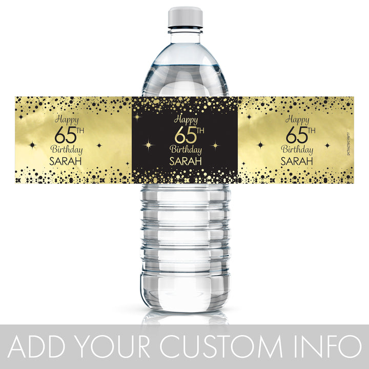 Personalized Birthday: Black and Gold - Water Bottle Labels - Shiny Foil - 24, 100, or 250  Stickers
