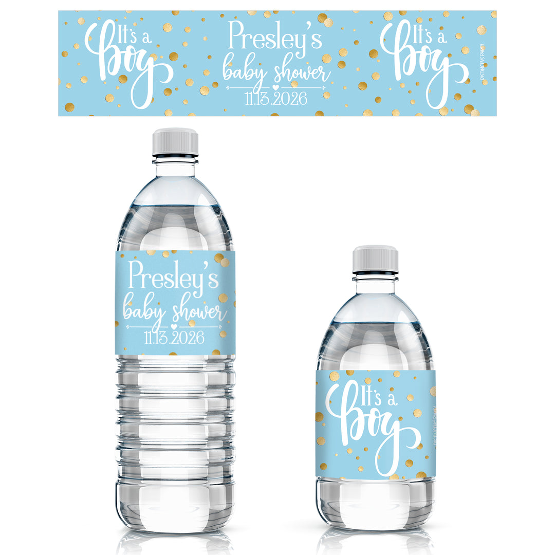 Confeti dorado personalizado: azul - Etiquetas para botellas de agua para baby shower It's a Boy - 24 pegatinas