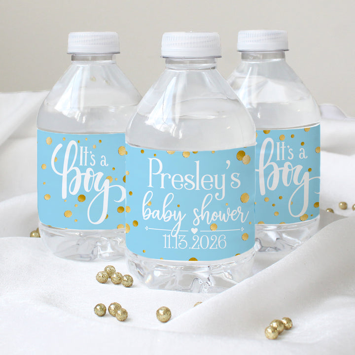 Confeti dorado personalizado: azul - Etiquetas para botellas de agua para baby shower It's a Boy - 24 pegatinas