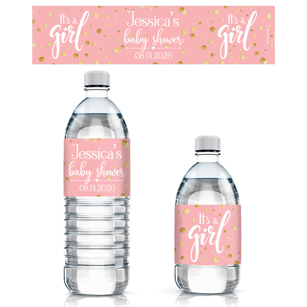 Confeti dorado personalizado: rosa - Etiquetas para botellas de agua para baby shower It's a Girl - 24 pegatinas